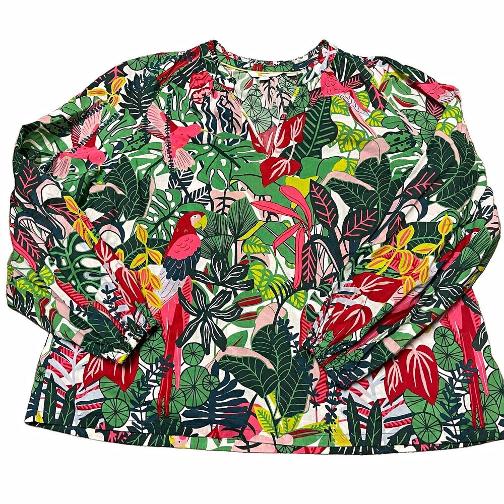 Boden Tropical Blouse Women’s US 20 Parrot Jungle Print Long Sleeve Colorful Top
